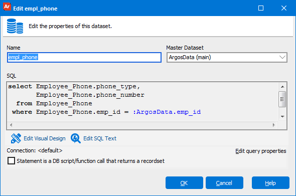 Edit dataset properties dialog with the completed query.